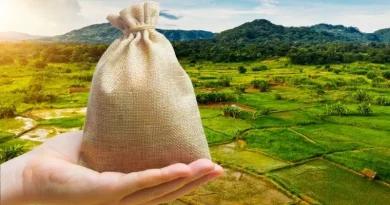 Mão segurando pequeno saco com terras de agricultura ao fundo
