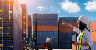 Mulher apontando para containers de exportação