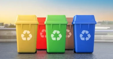 Lixeiras de cores variadas utilizadas para gestão de resíduos