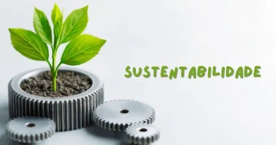 Planta em vaso com formato de engrenagem sobre fundo branco escrito sustentabilidade
