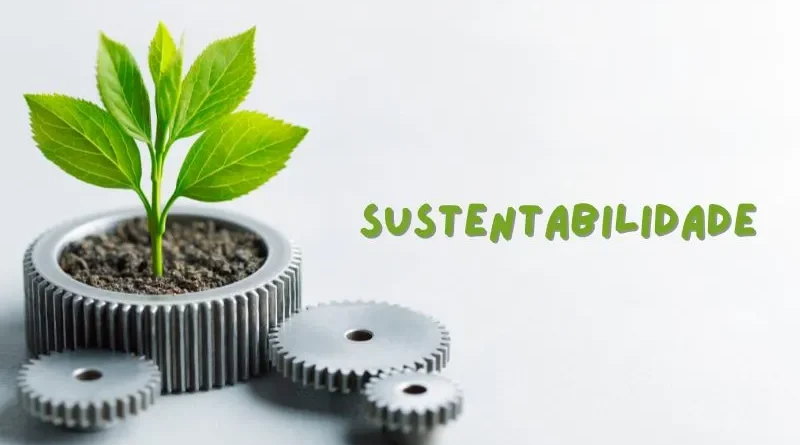 Planta em vaso com formato de engrenagem sobre fundo branco escrito sustentabilidade