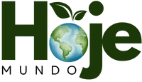 Logo Hoje Mundo. Planeta Terra e folhas verdes.