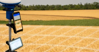Agricultura de precisão com equipamentos modernos em campo de cultivo.