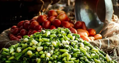 Pimenta verde fresca em mercado agrícola.