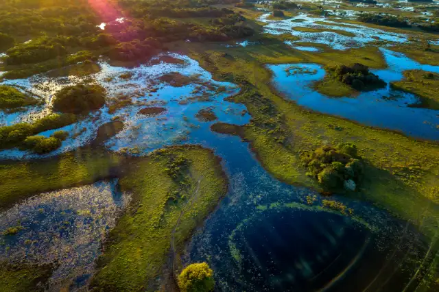 Paisagem alagada com rios e vegetação.