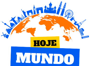 Ilustração do mundo com monumentos, texto 'Hoje Mundo'. Notícias e eventos globais.
