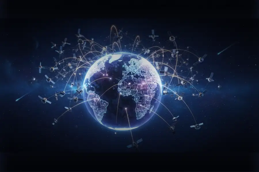 Globo terrestre com rede de satélites Starlink, representando internet para viajantes.