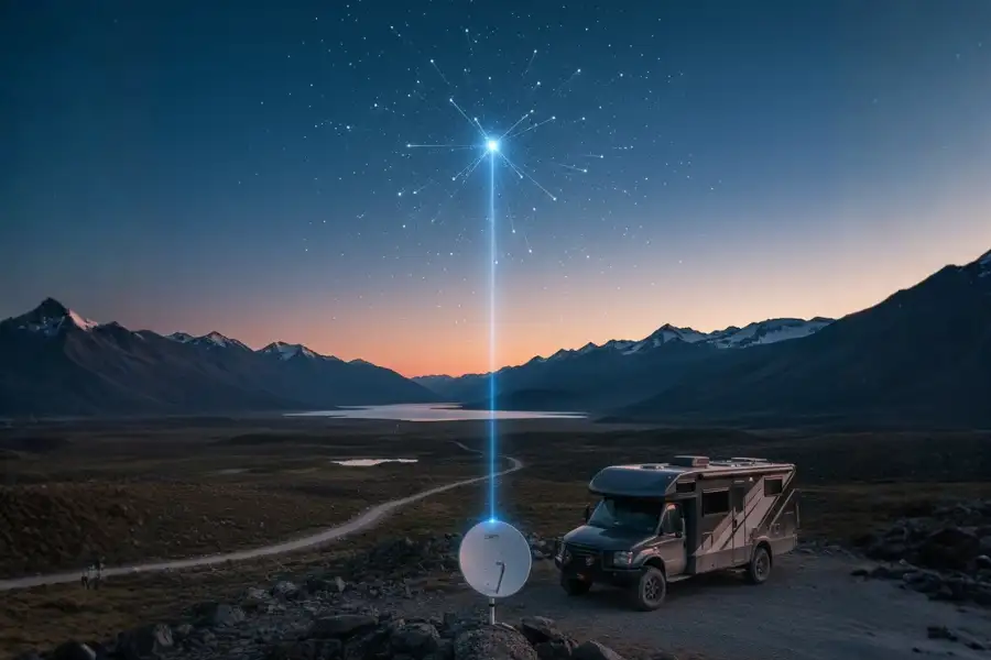 Motorhome em paisagem montanhosa com antena Starlink conectando-se ao céu estrelado.