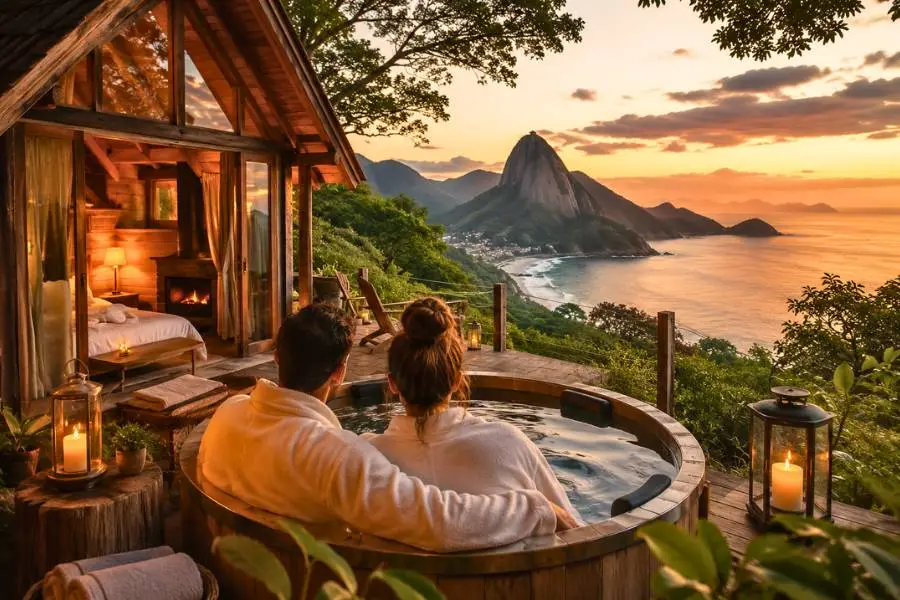 Chalés para casais no Estado do Rio de Janeiro com vista para o mar e clima romântico ao pôr do sol.
