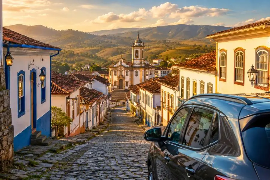 Cidades históricas de Minas Gerais com carro em rua de pedra e igreja colonial ao pôr do sol