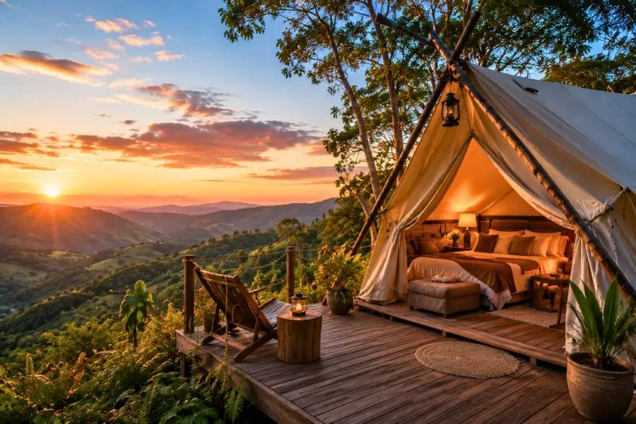 Glamping no Brasil com barraca de luxo em deck com vista para montanhas ao pôr do sol