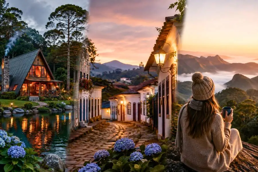 Para onde viajar no inverno no Brasil: paisagem charmosa com montanhas, vilarejo e cabana acolhedora ao pôr do sol